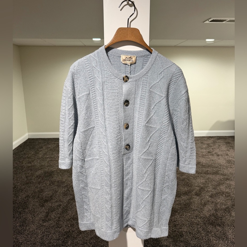 Hermes MC Serafino Torsades Riviera Blue Glacier Henley Sweater Shirt